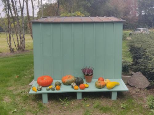 a blue shed with fruits and vegetables on a table at Chambres d'hôtes / B&B Chez Mon Rêve in Éguzon-Chantôme