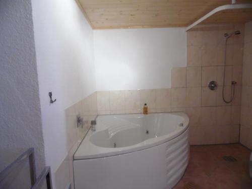 a white bath tub in a bathroom with a shower at Appartment Chalet Sonnenheim in Kandersteg