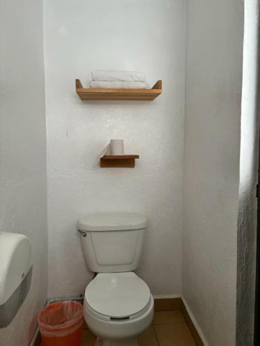 a bathroom with a white toilet and a shelf at Hotel bugambilias in Valle de Bravo