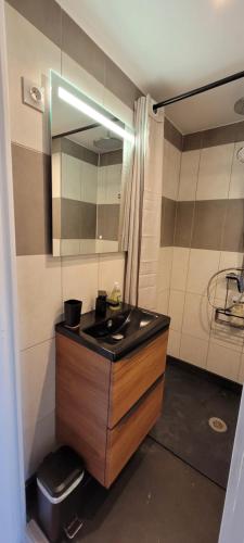 une salle de bain avec un lavabo et un miroir dans l'établissement Studio cosy, 8 min à pied du Palais et de la Plage, à Cannes