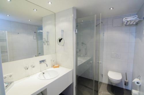 a bathroom with a shower and a sink and a toilet at Hotel Adler - Weil am Rhein in Weil am Rhein