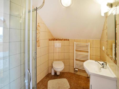 ein Badezimmer mit Toilette, Waschbecken und Dusche in der Unterkunft Holiday apartment, 2 bedrooms, garden, bicycles in Radzikowo