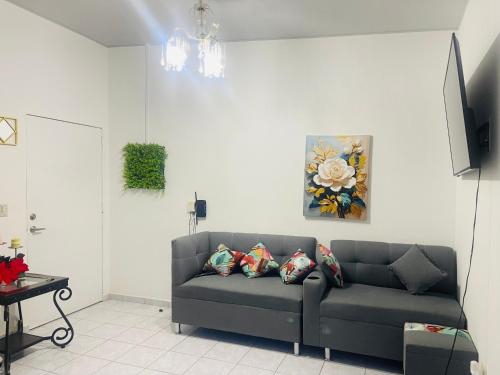 een woonkamer met een bank en een schilderij aan de muur bij Casa tonykey in San Miguel