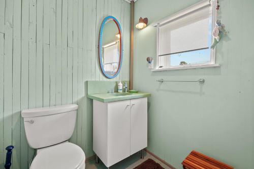 a bathroom with a white toilet and a mirror at Oyster Catcher - Pet friendly & deep water access! in Deep Hole