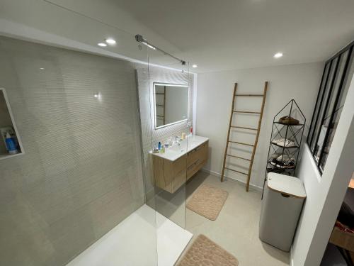 La salle de bains est pourvue d'une douche, d'un lavabo et d'une échelle. dans l'établissement Sunset villa tennis et piscine collectif, à Cassis