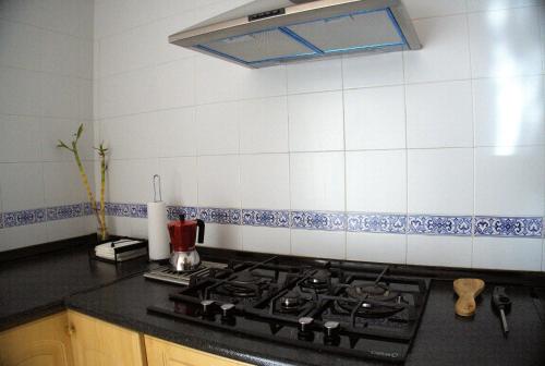 a kitchen with a stove and a blue and white tiled wall at La casa del Genil in Granada