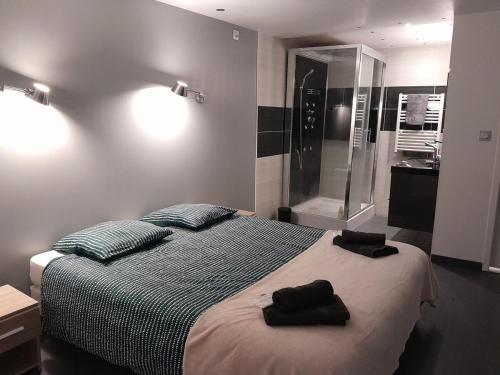 une chambre avec un lit avec deux serviettes dessus dans l'établissement Nouveau Maison Spacieuse, à Pérignat-lès-Sarliève