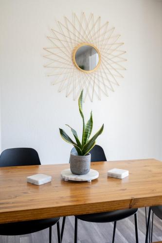 a potted plant on a wooden table with a mirror at Grand Desert Oasis - SPA - A Location - JT Park in Joshua Tree