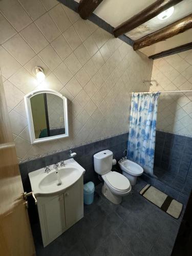 a bathroom with a sink and a toilet and a mirror at Duplex Aconcagua in Guaymallen