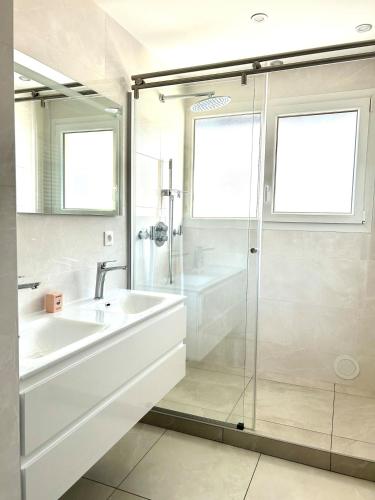 une salle de bain blanche avec une douche et un lavabo dans l'établissement M45 Marquer Grand T3 centre-ville, à Annemasse