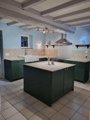une cuisine avec des armoires vertes et un évier dans l'établissement Au Mont De La Quintine # Piscine & Jacuzzi #, à Saint-Quentin-sur-le-Homme