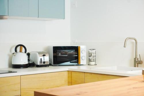 un comptoir de cuisine avec un micro-ondes et un évier dans l'établissement Appartement cosy T3 - RER C 400m, à Choisy-le-Roi