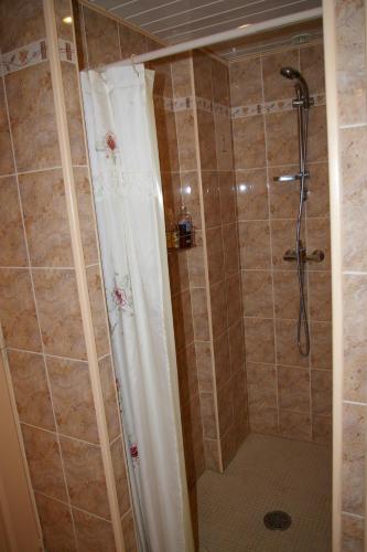 a bathroom with a shower with a shower curtain at La Cognée in Cugnaux