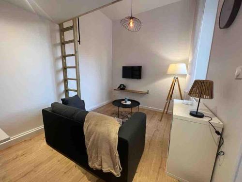 un salon avec un canapé et une table dans l'établissement Reims Cosy Champagne, à Reims