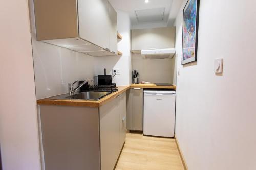 une petite cuisine avec un évier et un réfrigérateur dans l'établissement L'Escapade Hyper-Centre St Aubin, à Toulouse