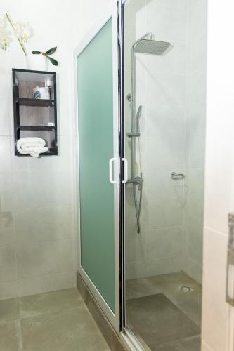 una ducha con puerta de cristal en un baño en De Cove, en Ogbojo