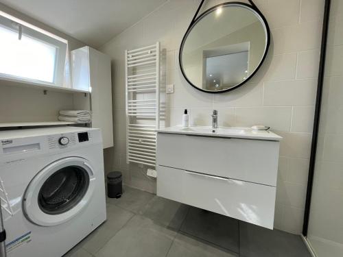 bagno con lavatrice e specchio di Dépendance cosy et paisible a Osny