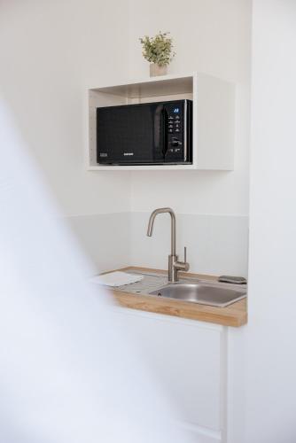 GuichenにあるL'Eclusierのシンクと電子レンジ付きのキッチン