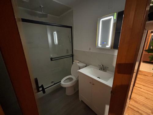 a bathroom with a shower and a toilet and a sink at Capsule hostel in Newark