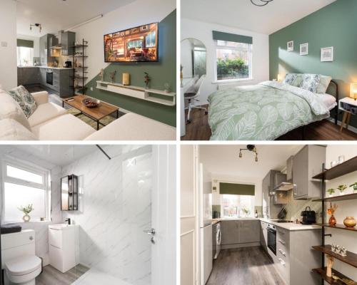 two pictures of a bedroom and a living room at City Vibe Haven - Modern 2 Bed Apartment with High Speed WI-FI in Belfast