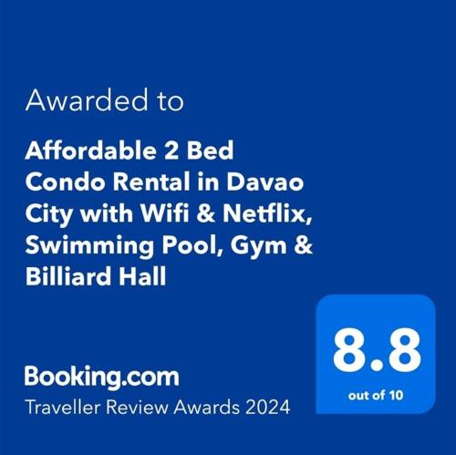 a screenshot of a cell phone with the text awarded to affordable bed camino at Affordable 2 Bed Condo Rental in Davao City with Wifi & Netflix, Swimming Pool, Gym & Billiard Hall in Davao City