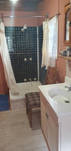 a bathroom with a tub and a sink and a shower at Woiworung Cottage-BYO bed linen and towels-NO WIFI, NO TV take a step back in time, escape from technology and recharge in Gisborne