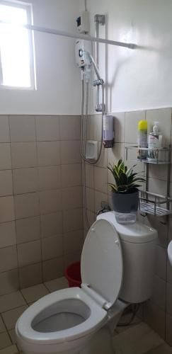 a bathroom with a toilet with a shower and a plant at Hannah & Neil's Place-Panglao in Dao