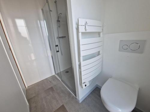 une salle de bain avec toilettes et douche dans l'établissement Flat in France near 7 Sandy Beaches, à Locquirec