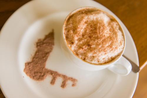 a cup of coffee on a white plate at Lake Vyrnwy Hotel & Spa in Llanwddyn
