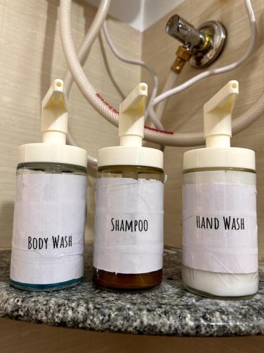 two bottles of hand wash sitting on a counter at Electrifying 2 BHK Getaway in Bengaluru