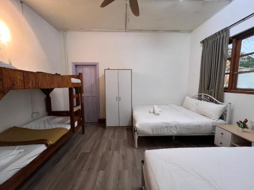 a dorm room with two bunk beds and a window at Mountain View Guesthouse Cameron Highlands in Tanah Rata