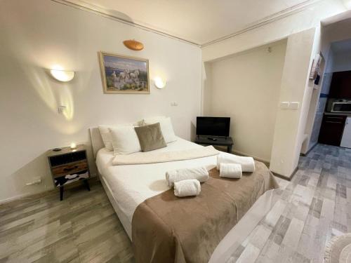 a bedroom with a large bed with towels on it at Studio au cœur d'Amboise pour 2 pers, vue sur château - FR-1-381-609 in Amboise
