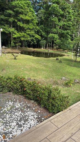 a garden with white flowers and a body of water at Finca Celeny in Jiménez