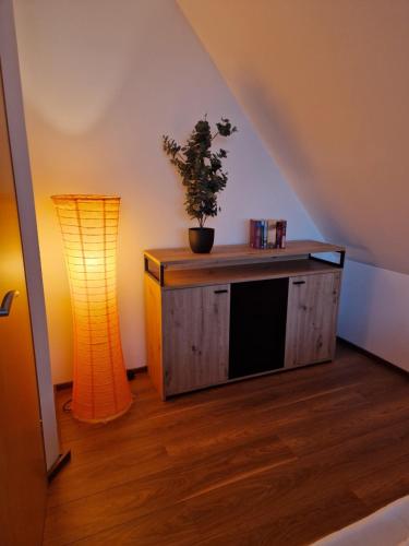 a room with a table with a plant and a lamp at Magisches Wachstein in Wachstein
