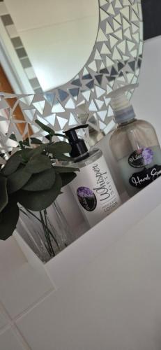 a bottle of soap and a vase with a plant at At lilac, Jeffreys Bay, cottage for 2 in Jeffreys Bay