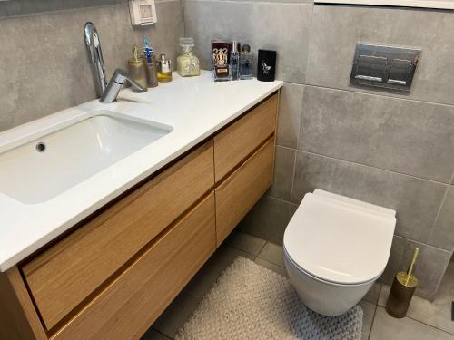 a bathroom with a sink and a toilet at Mafruma in H̱adera
