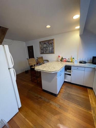 a kitchen with white cabinets and a counter top at Linda guesthouse in Vancouver
