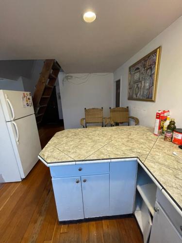 a kitchen with a counter top and a refrigerator at Linda guesthouse in Vancouver