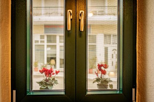 a window with two vases with red flowers in them at Σοχός Παραδοσιακές Οικίες- ΒΕΝΙΖΕΛΟΥ in Zokhós