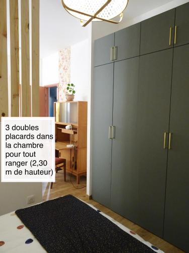 une chambre avec des armoires grises et un tapis noir dans l'établissement Chaleureux Henri IV, à Pau