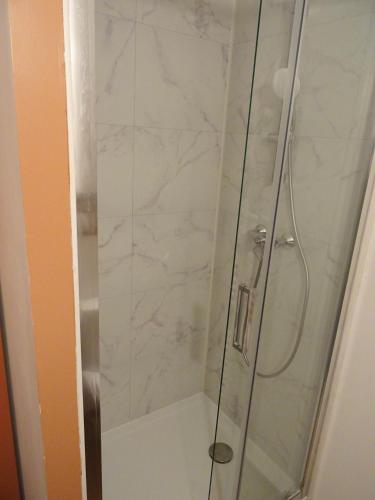une cabine de douche avec une porte de douche en verre dans l'établissement Chaleureux Henri IV, à Pau