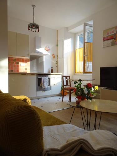 un salon avec un canapé et une table dans l'établissement Chaleureux Henri IV, à Pau