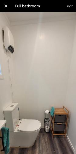 a bathroom with a white toilet and a sink at Rural Farmstay in Riwaka