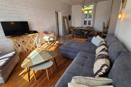 un salon avec un canapé bleu et une télévision dans l'établissement Spacious house with beautiful garden, à Arcachon