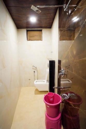 a bathroom with a pink toilet and a sink at Hotel New Sundaram 150 Mtrs from Dargah in Ajmer