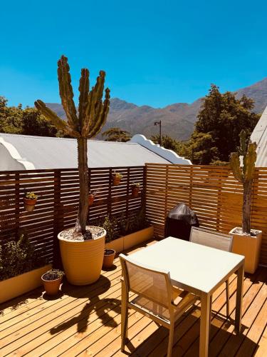 a table and chair on a deck with a cactus at Le Grenier Luxury Loft in Franschhoek