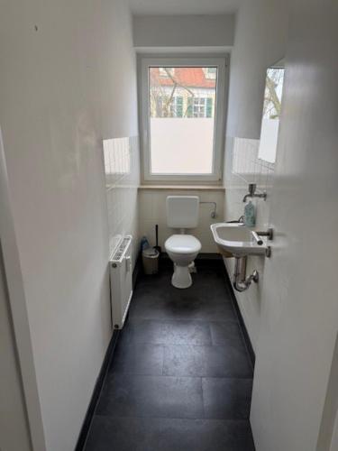a small bathroom with a toilet and a sink at Wohnen am Wasserschloss Sandizell in Schrobenhausen