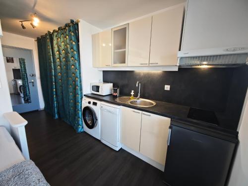 une cuisine avec un évier et une machine à laver dans l'établissement Studio Village Naturiste Resille, au Cap d'Agde