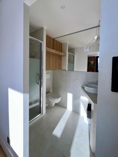 une salle de bain blanche avec des toilettes et un lavabo dans l'établissement Penthouse au cœur de Val Thorens, à Val Thorens