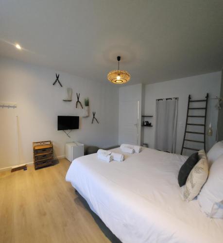 a bedroom with a large white bed and a television at Chambres privées hyper-centre Epernay lit 160x200cm in Épernay